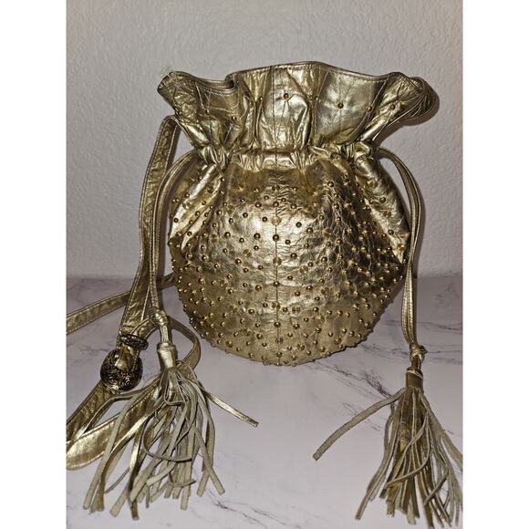 Viva Of California Gold Leather Studded Tassels Vintage Bucket Handbag 11x10x5 - Picture 4 of 14